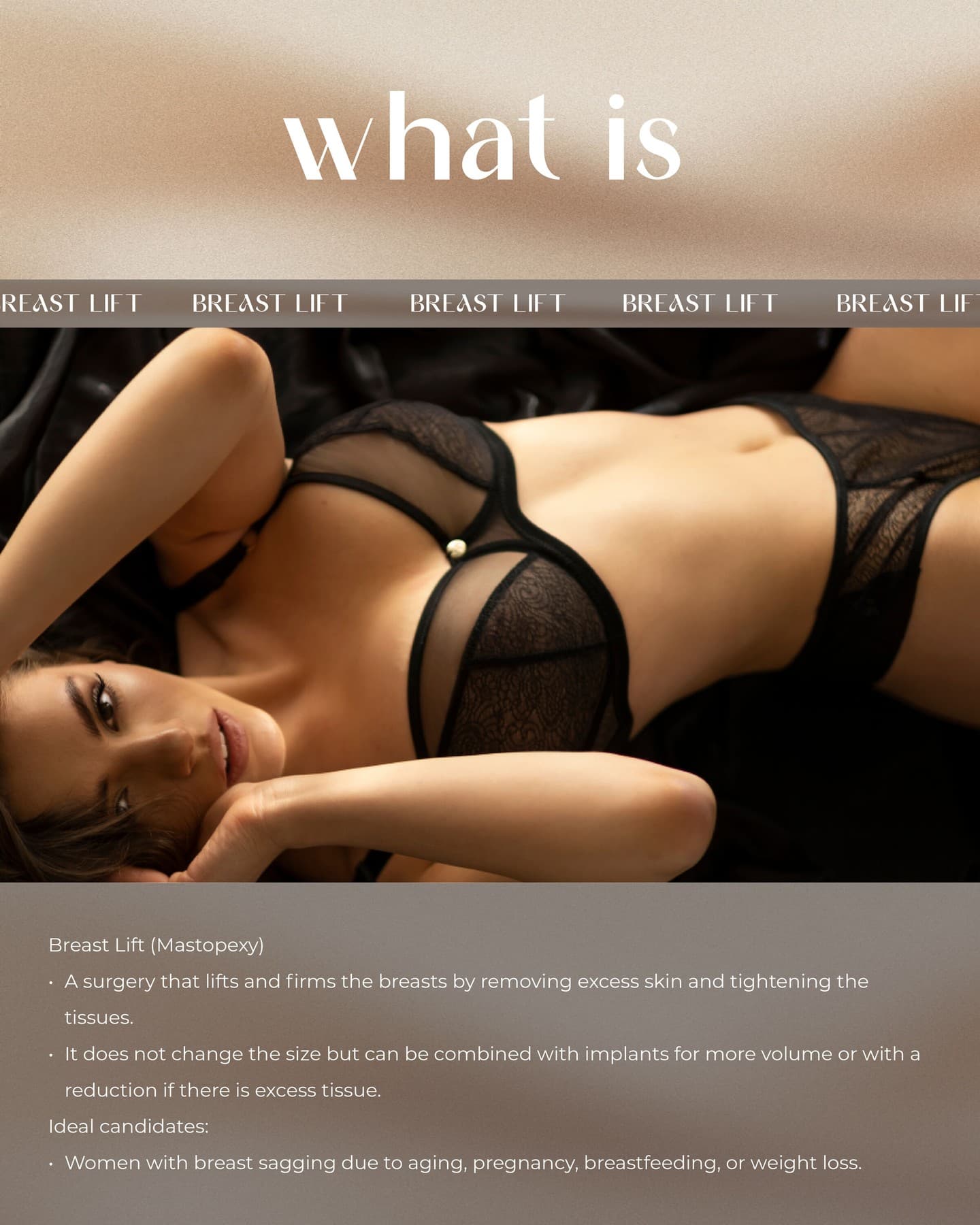 A breast lift (also known as mastopexy) is a surgical procedure that lifts and reshapes sagging brea