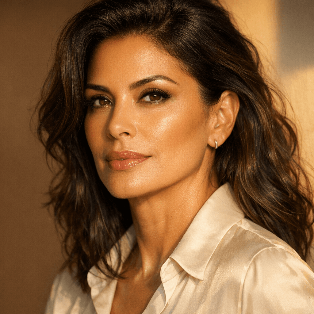 Confident mid-40s Latina professional with refreshed, bright eyelids post-blepharoplasty, embodying ideal Miami candidacy
