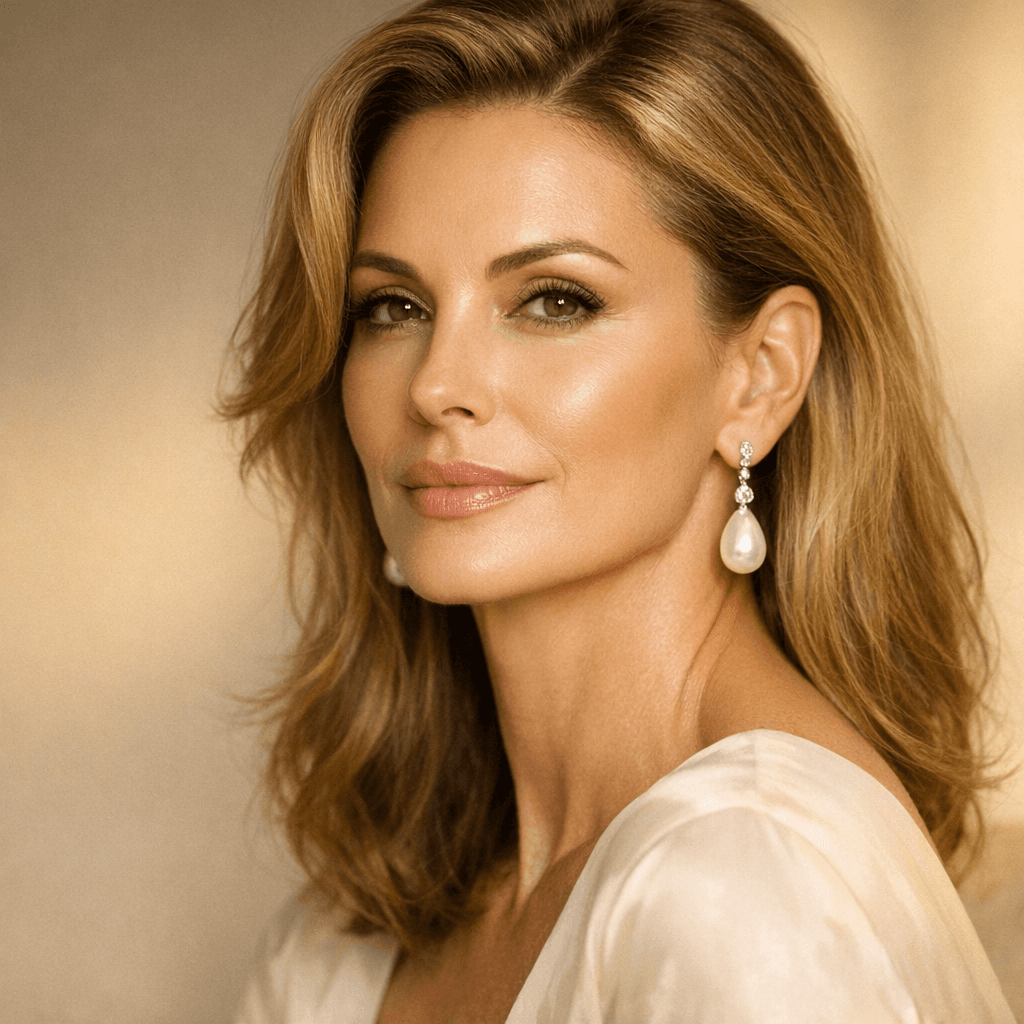 Timeless beauty portrait of elegant 40s woman with defined jawline and radiant skin, representing optimal facelift timing in Miami