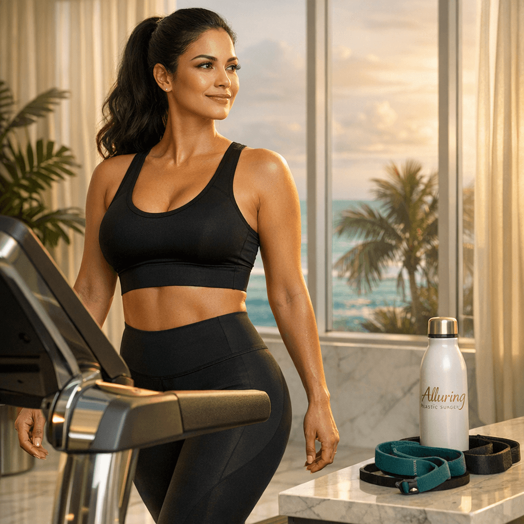 Confident Latina woman in compression activewear walking lightly in luxurious Miami medical spa gym after breast augmentation recovery