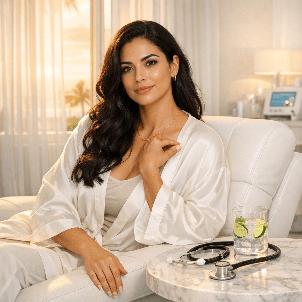 Confident Latina woman in luxurious Miami medical spa, looking serene and empowered while discussing breast implant illness prevention, surrounded by clean, modern clinical elements.