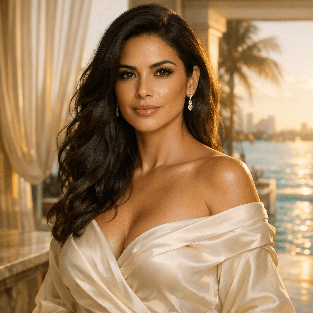 Elegant Latina woman in luxury Miami villa, exuding confidence with subtle décolletage emphasis, Vogue-style portrait for breast lift myths blog.