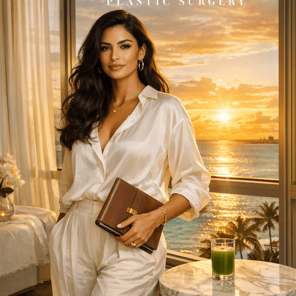 Elegant Latina woman preparing confidently for breast lift surgery in luxurious Miami penthouse, embodying sophisticated readiness and tropical luxury.