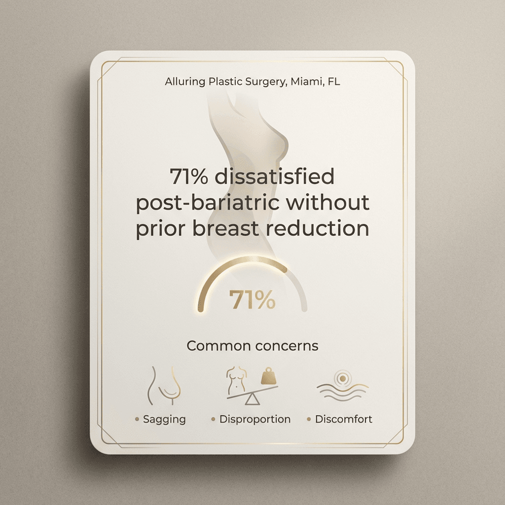 Elegant stat card: “71% dissatisfaction post-bariatric without prior reduction” + quick bullets on common concerns (sagging, disproportion, discomfort). Use stone-toned background with subtle gold accent lines.