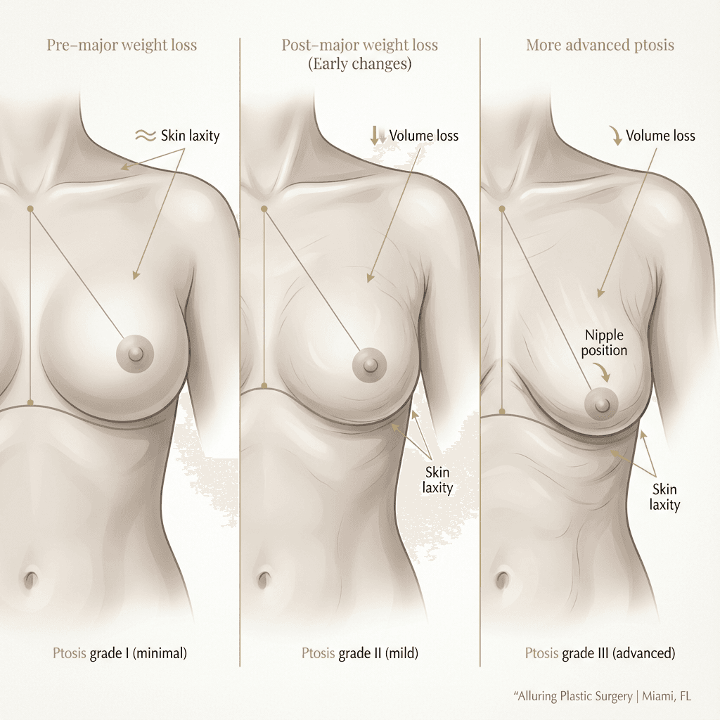 Clean medical illustration showing breast changes after major weight loss: volume loss, stretched skin envelope, nipple position shift (grades of ptosis). Neutral palette (beige/cream/warm gray) with gold callouts.