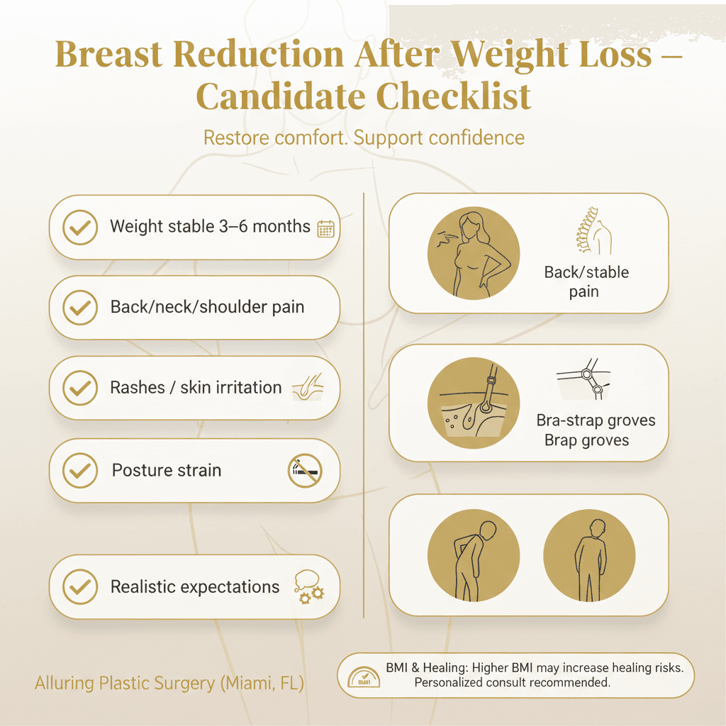“Am I a Candidate?” checklist: stable weight 3–6 months, symptoms (back/neck/shoulder pain), rashes/irritation, strap grooves, non-smoker, realistic expectations; include a small BMI/healing note in a discreet callout.