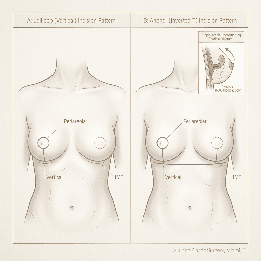 Two-panel incision pattern illustration (lollipop vs anchor) with minimal, elegant linework; optional small inset showing nipple-areola repositioning concept (pedicle) in simplified form.