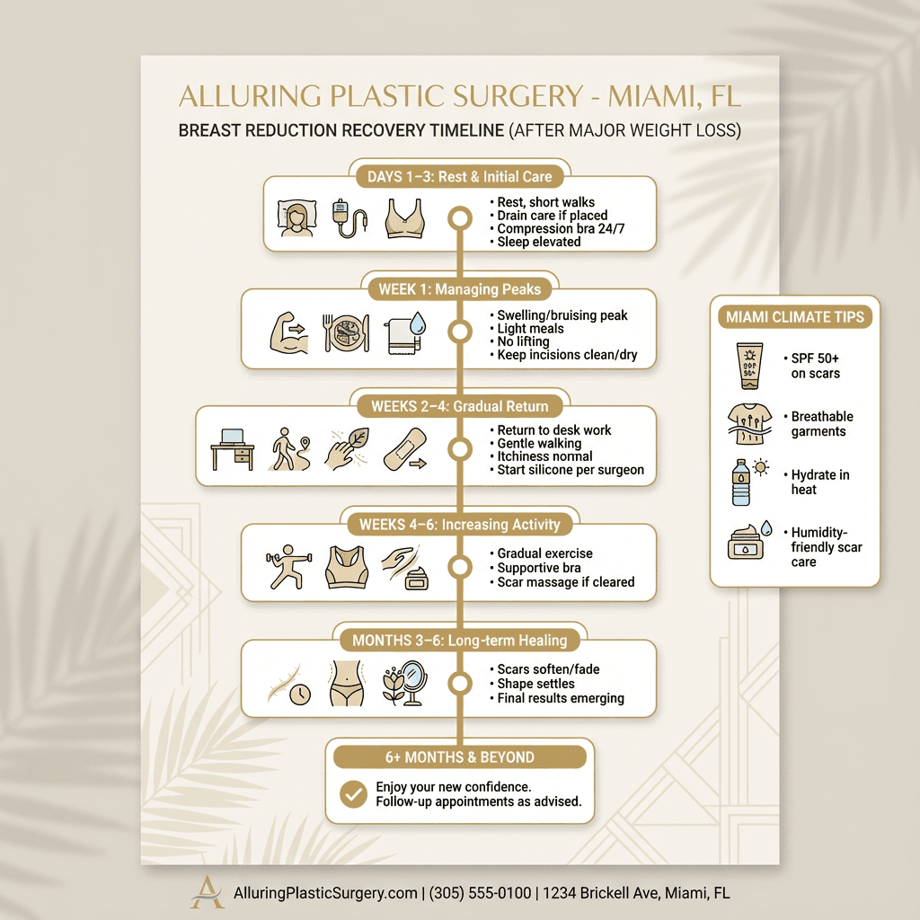Week-by-week recovery timeline (Days 1–3, Week 1, Weeks 2–4, Weeks 4–6, Months 3–6) with Miami-specific callouts: humidity-friendly scar care, SPF 50+ for scars, hydration in heat.