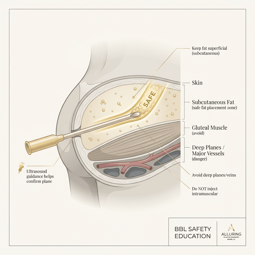 Elegant medical illustration: cross-section of buttock layers (skin, subcutaneous fat, gluteal muscle) showing safe cannula/fat placement above muscle and âavoid deep planes/veinsâ callouts (stone-tone palette, gold accents).