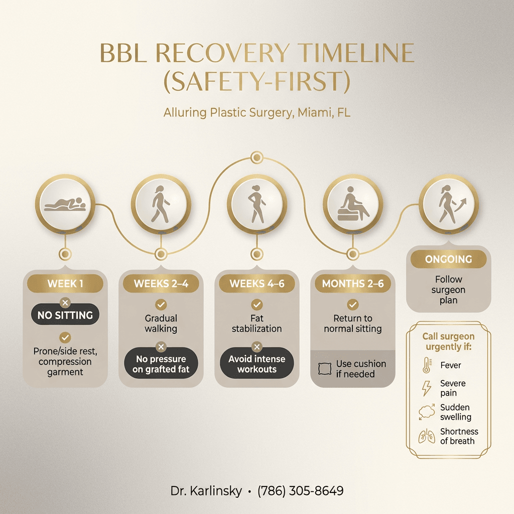 Recovery timeline graphic with clear do/donât highlights: no sitting (Week 1), gradual walking (Weeks 2â4), fat stabilization (Weeks 4â6), return to normal sitting (Months 2â6), plus âcall surgeon urgently for warning signs.â