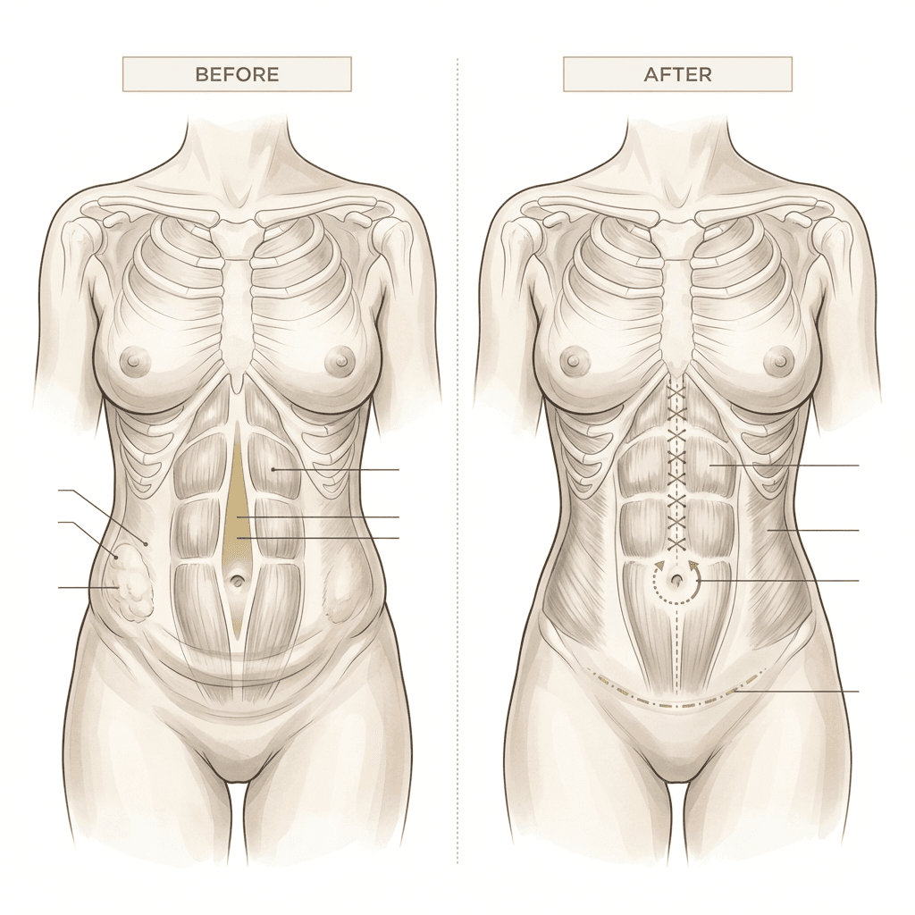 Two-panel medical illustration showing postpartum tummy tuck with diastasis recti repair and abdominal contour improvement