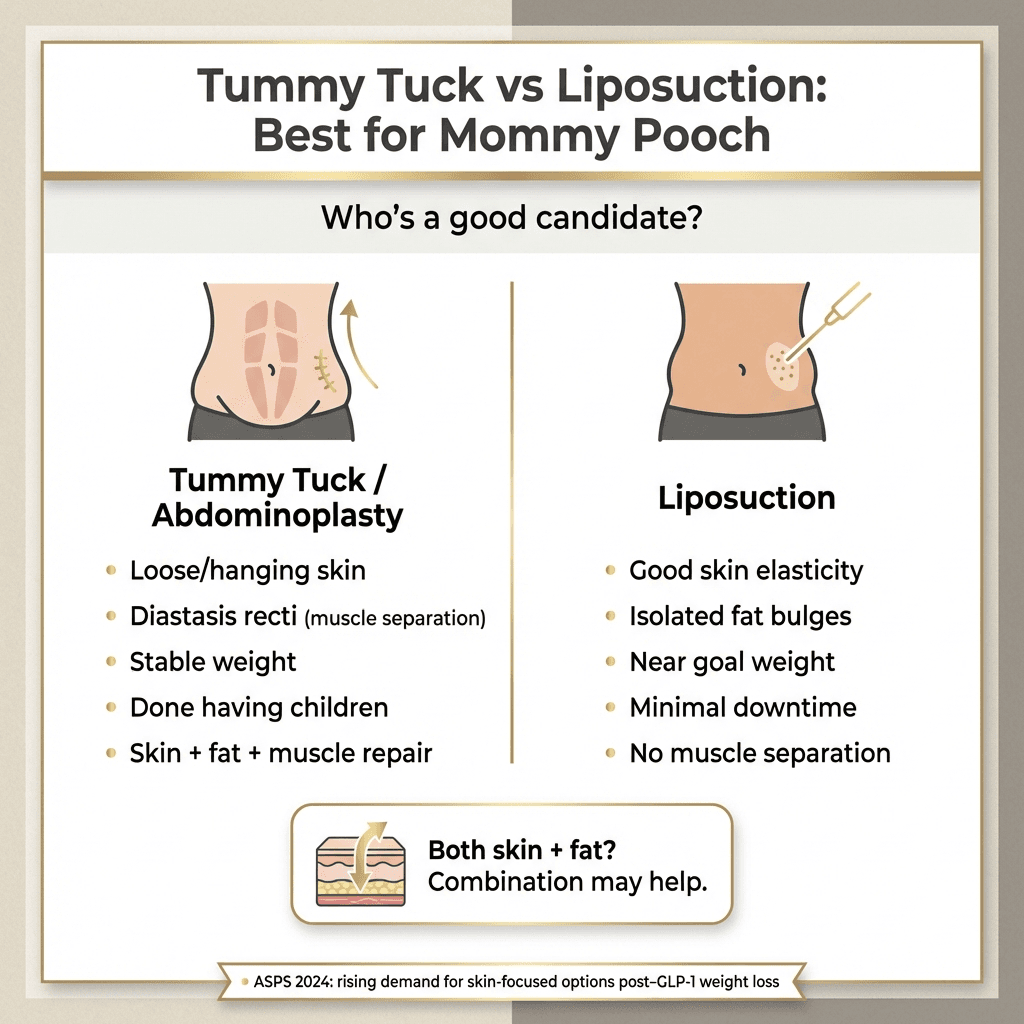 Vertical infographic comparing tummy tuck and liposuction for mommy pooch with icons, bullet points, and gold accents
