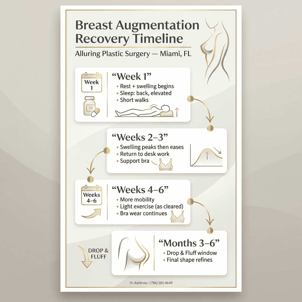 Week-by-week recovery timeline (Week 1, Weeks 2–3, Weeks 4–6, Months 3–6) including key milestones: swelling peak, return to desk work, sleep position, bra wear, drop & fluff window.