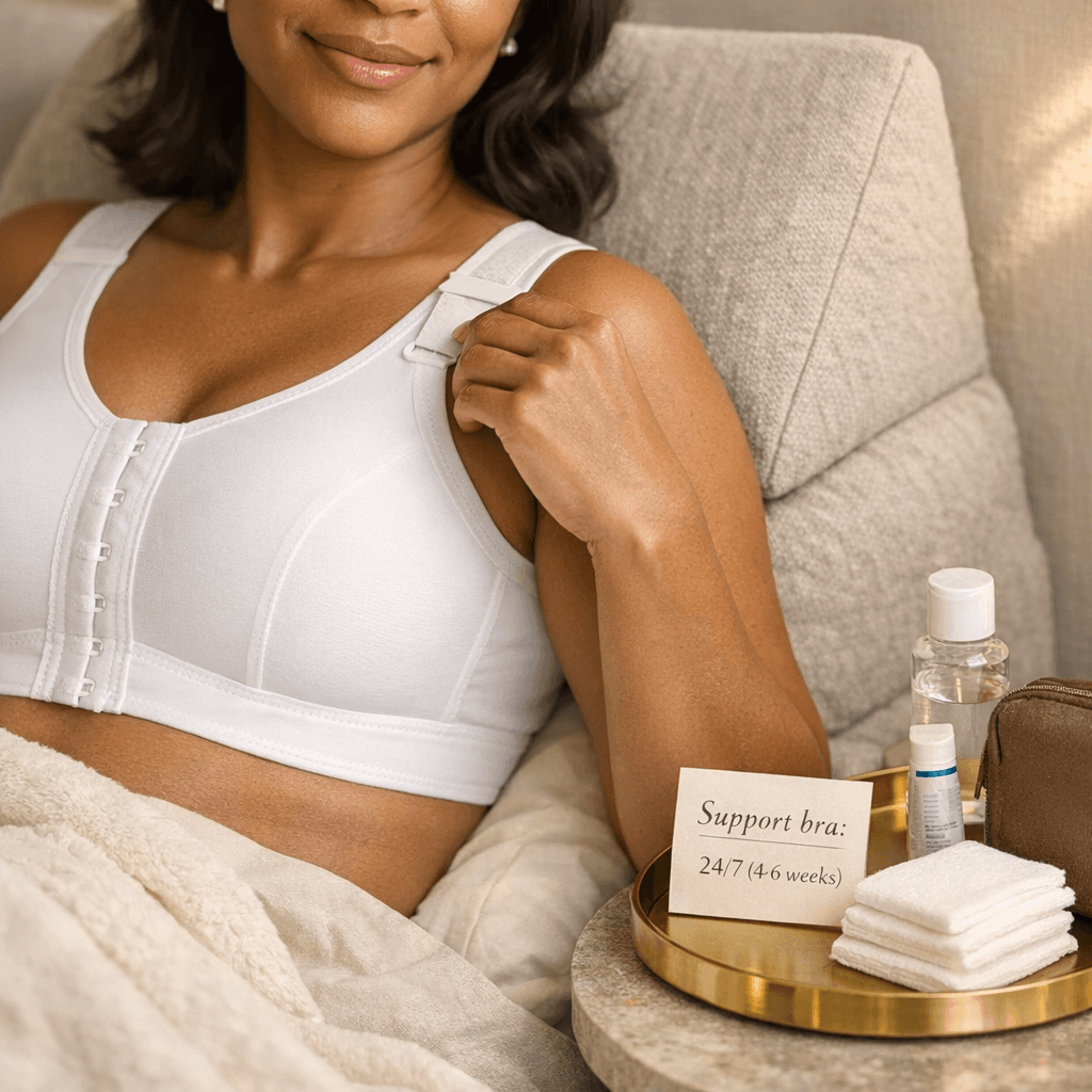 Premium, clinic-approved surgical bra and postoperative essentials laid out (bra, gauze, wedge pillow) in a stone-tone setting; or a modest, tasteful on-body shot focusing on fit/coverage (no explicit imagery).