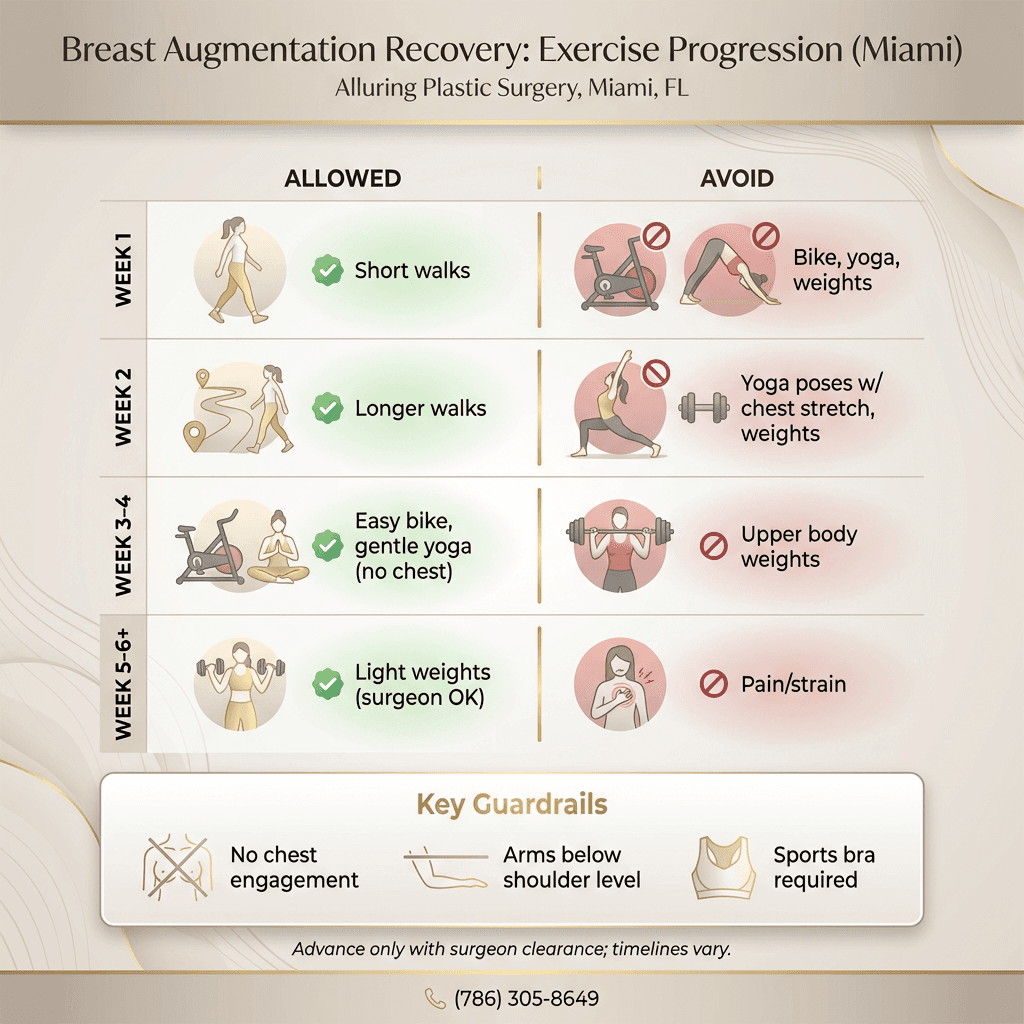 Exercise progression chart by week (Allowed / Avoid) with icons: walking, bike, yoga, weights; plus key guardrails (no chest engagement, keep arms below shoulder level, sports bra required).