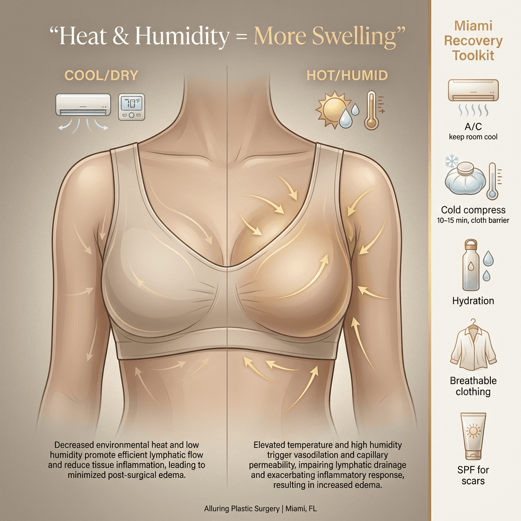 Clean, minimal diagram showing how heat/humidity increases swelling + a “Miami recovery toolkit” callouts: A/C, cold compress timing, hydration, breathable clothing, SPF for scars.