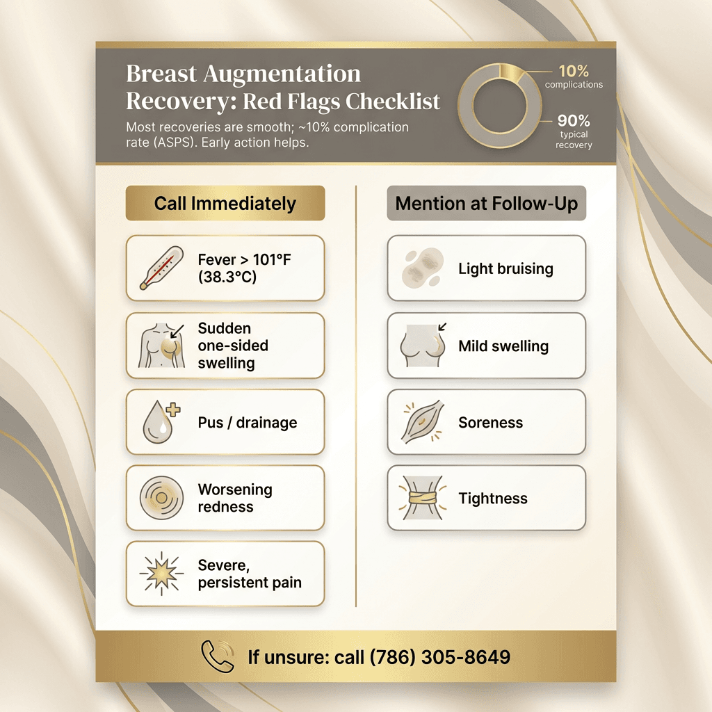 Red-flag checklist with thresholds (fever >101°F, sudden one-sided swelling, pus/discharge, worsening redness, severe persistent pain) + “When to call immediately vs mention at follow-up.”