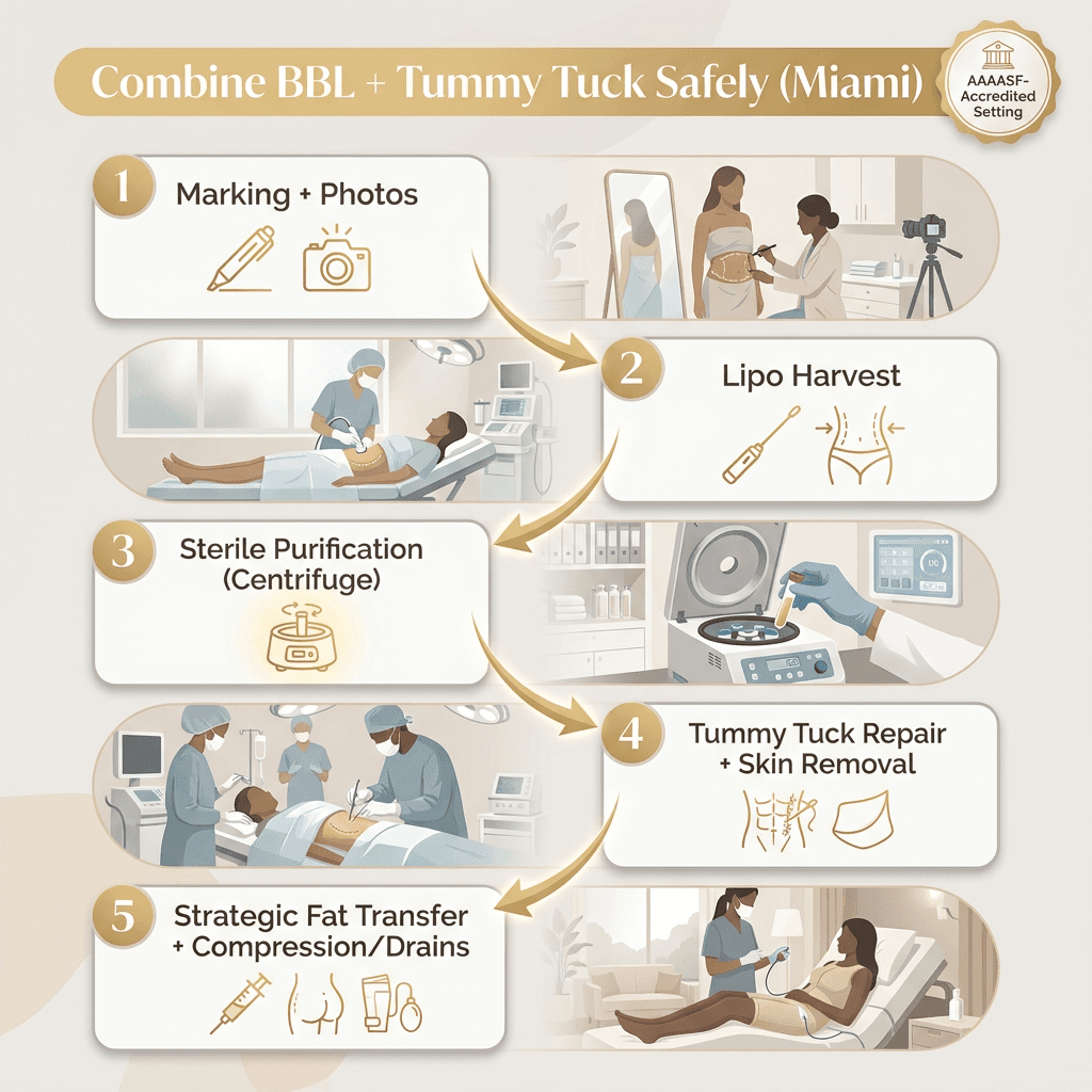 5-step visual flow: 1) Marking/photos 2) Liposuction harvest 3) Sterile purification/centrifuge 4) Tummy tuck muscle repair + skin removal 5) Strategic fat transfer + compression/drains; include “AAAASF-accredited setting” note.