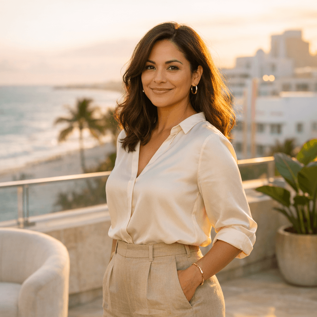 Latina woman with radiant skin poses on South Beach terrace at golden hour, wearing cream silk blouse and beige trousers