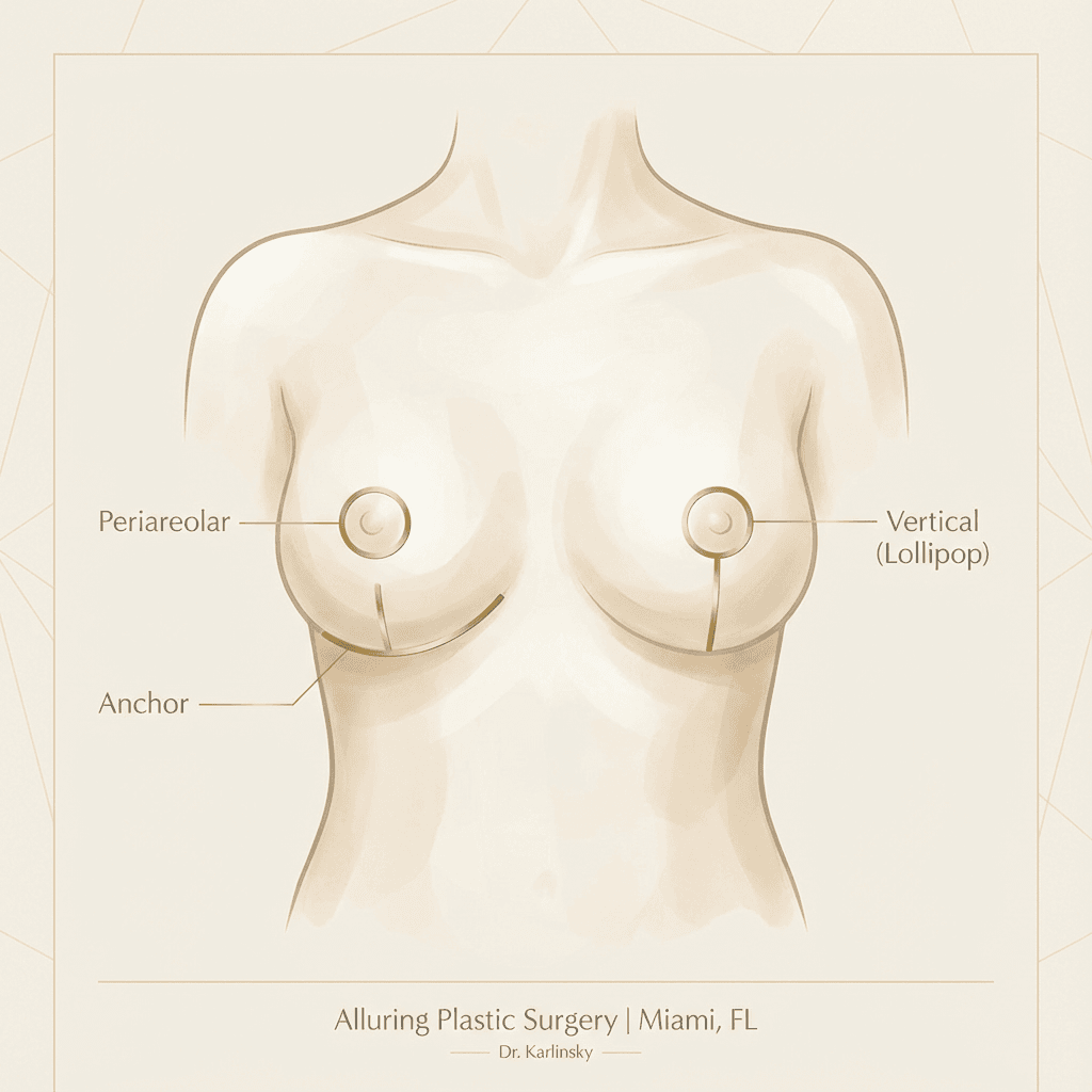 Discrete incision-pattern diagram on a simplified torso outline: periareolar, vertical (“lollipop”), and anchor, with short captions; elegant clinic-branded styling (beige/cream + gold accent).