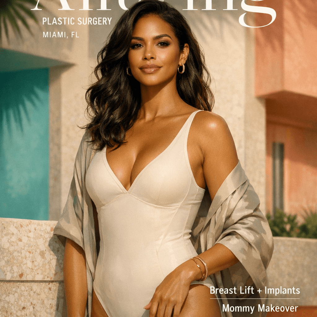 Luxury lifestyle photo: confident Miami mom in elegant neutral-toned resortwear/swim cover-up (non-explicit), soft natural light, tasteful South Florida setting; conveys renewed confidence post-restoration.