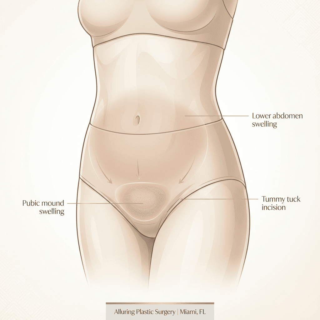 Clean anatomical illustration showing tummy tuck incision region and typical postoperative swelling areas (lower abdomen/pubic mound), using discreet labeling and brand-appropriate stone/gold accents.