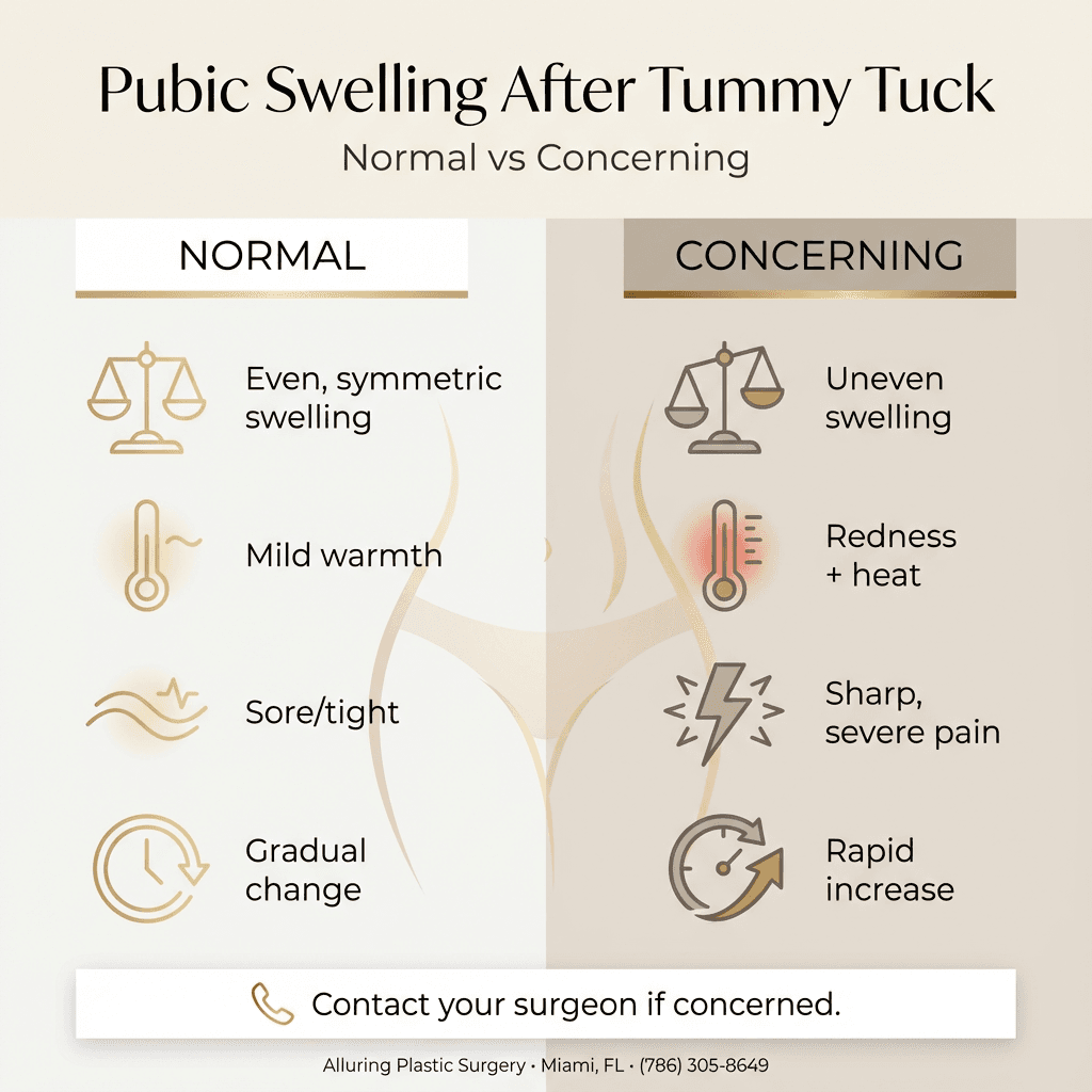 Two-column infographic: “Normal” vs “Concerning” swelling with icons (symmetry, thermometer/heat, pain bolt, speed/rapid change) and a subtle callout “Contact your surgeon if concerned.”