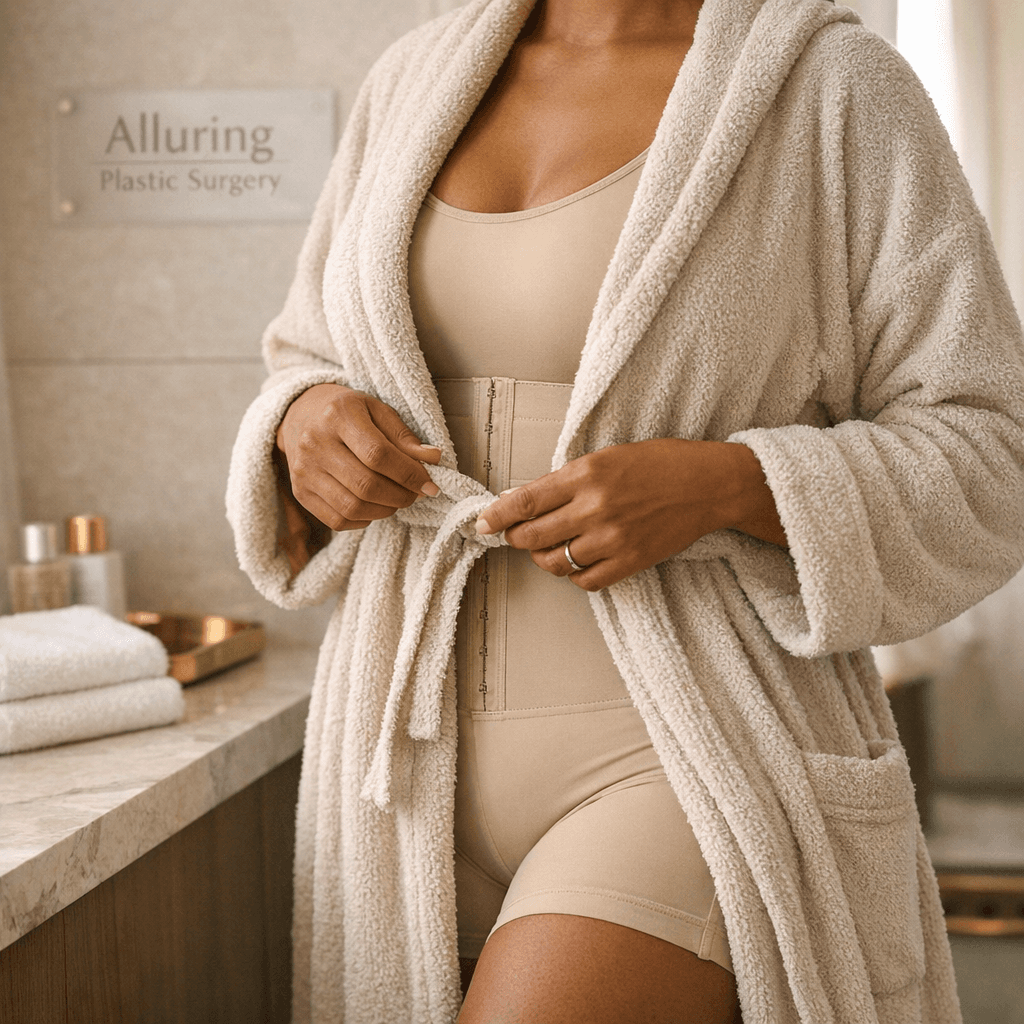 Tasteful clinic/lifestyle scene: patient (non-identifiable or cropped) wearing a high-waisted abdominal compression garment under a robe, with subtle fit indicators (smooth compression, no rolling/pinching).