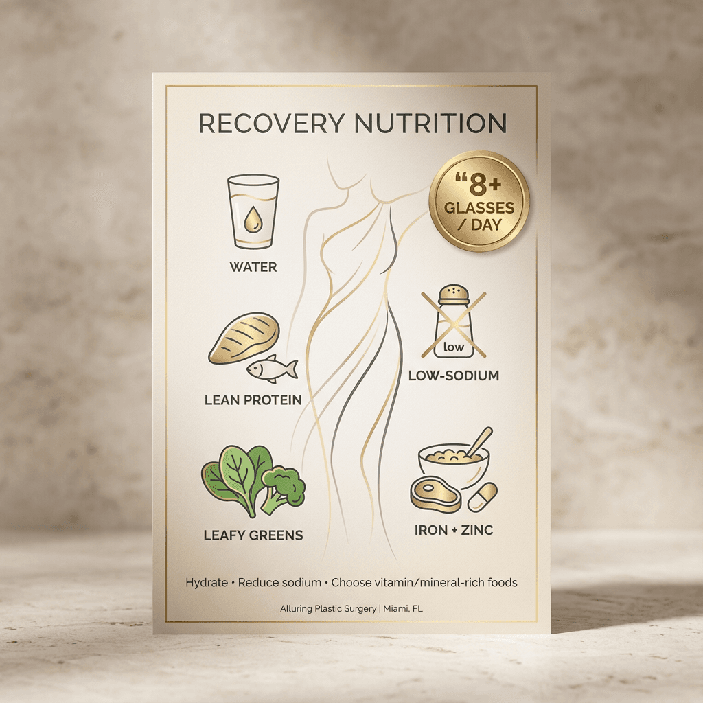 Branded “Recovery Nutrition” card with icons for water, lean protein, leafy greens, low-sodium, iron/zinc foods; include the “8+ glasses” callout in a highlighted badge.