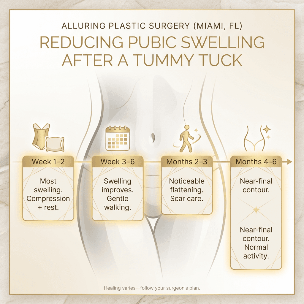 Horizontal timeline with milestones (Week 1–2, Week 3–6, Months 2–3, Months 4–6) and brief notes; include a small disclaimer: “Healing varies—follow your surgeon’s plan.”