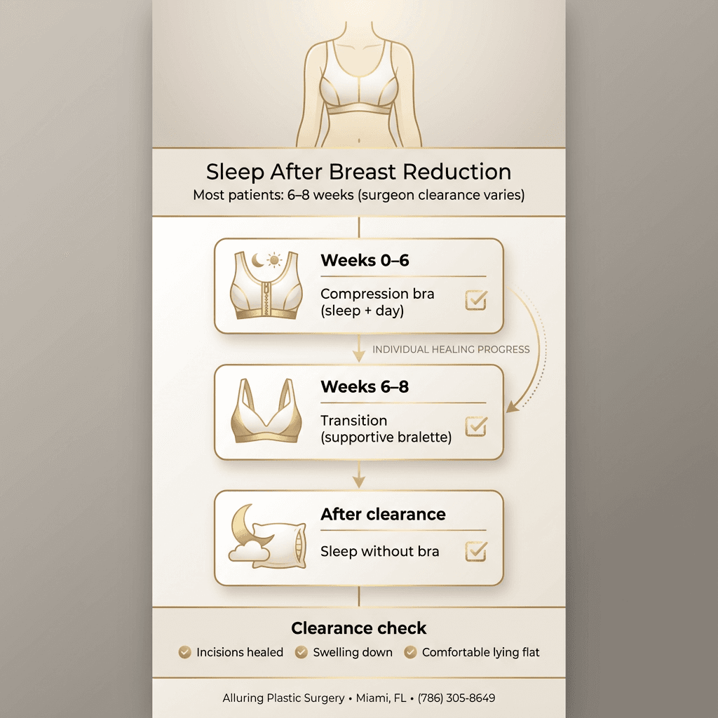 A breast reduction recovery timeline highlighting: Weeks 0–6 compression bra, Weeks 6–8 transition, surgeon clearance checkpoints (incisions healed, swelling down, comfort).