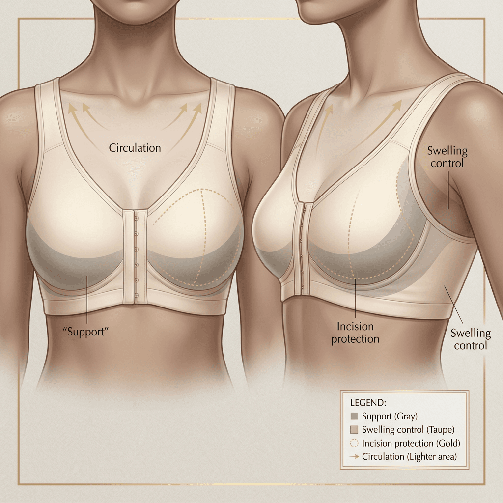 Clean medical-style illustration of post-op bra support zones: where compression supports tissue, reduces swelling, protects incision lines (no graphic content).