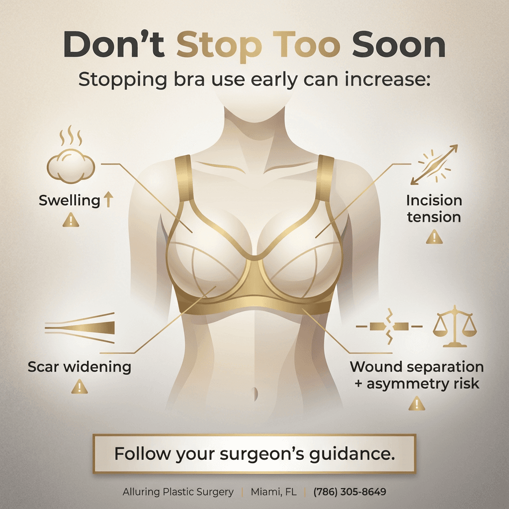 “Don’t stop too soon” risk graphic: increased swelling, incision tension/scar widening, wound separation risk, positioning/asymmetry concerns; include “follow surgeon guidance” callout.