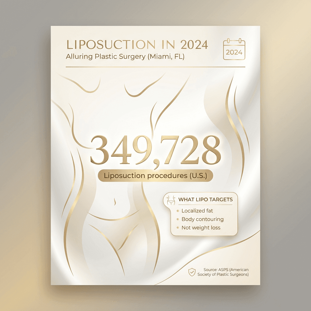 Stone-tone/gold-accent infographic: âLiposuction in 2024â with the 349,728 figure, source callout (ASPS), and a small âwhat lipo targetsâ micro-list (localized fat, not weight loss).