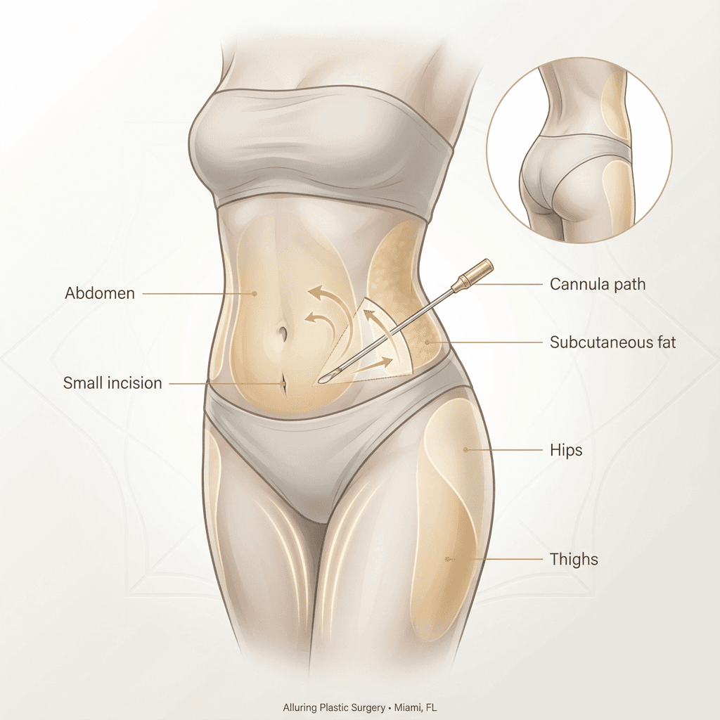 Clean anatomical illustration: small incision + cannula path and highlighted treatable zones (abdomen/flanks/thighs/hips), with minimalist labels in warm neutrals.
