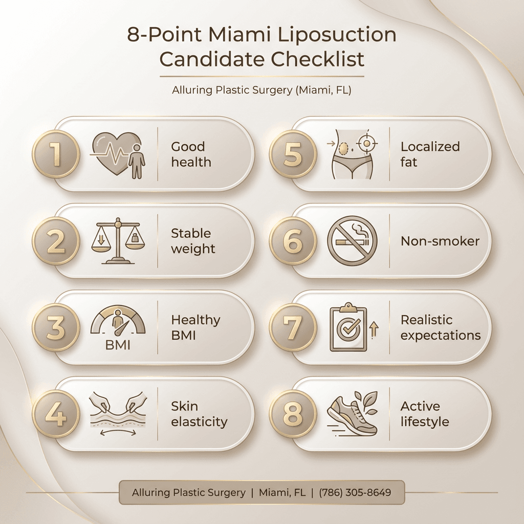 Elegant â8-Point Miami Liposuction Candidate Checklistâ card-style infographic (1â8 with icons: health, stable weight, BMI, skin elasticity, localized fat, non-smoker, expectations, lifestyle).