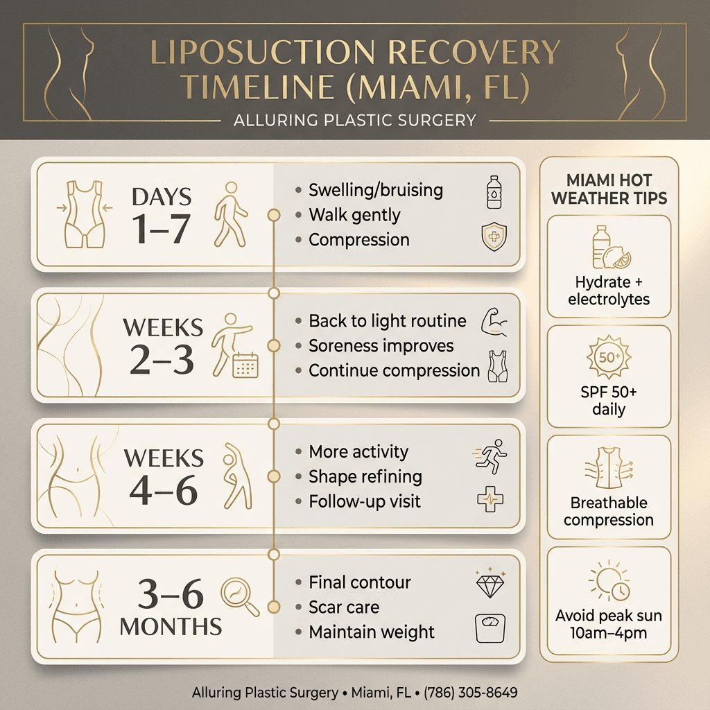 Recovery timeline infographic (Days 1â7 / Weeks 2â3 / Weeks 4â6 / 3â6 months) with add-on callouts: hydration, SPF 50+, breathable compression, avoid peak sun (10amâ4pm).