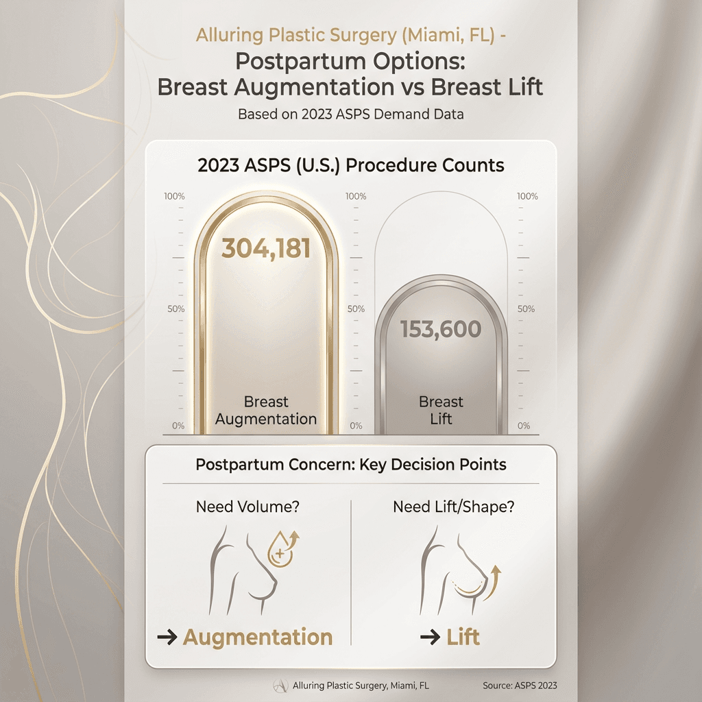 Clean, luxury-styled infographic showing 2023 ASPS counts (304,181 augmentations; 153,600 lifts) + a simple âVolume vs Liftâ distinction for postpartum concerns