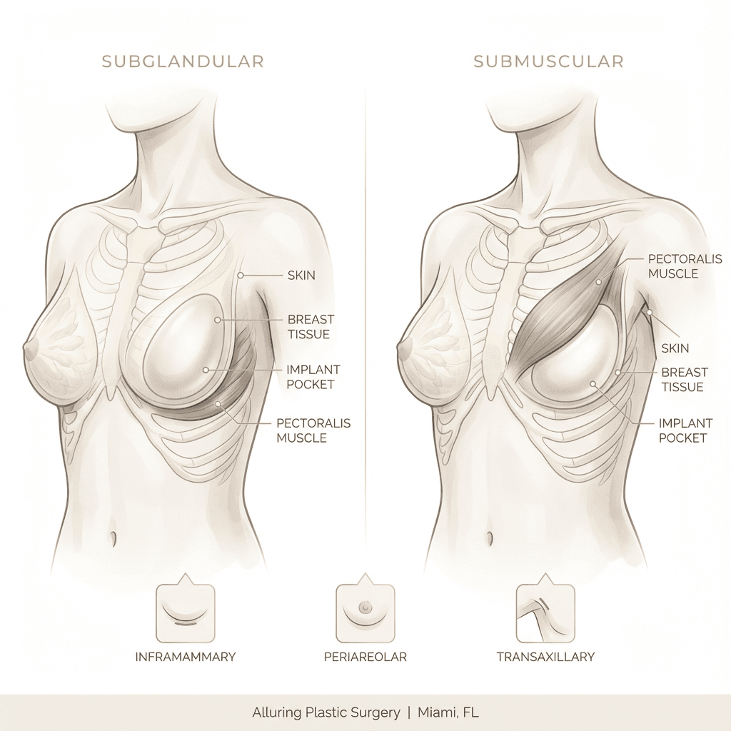 Minimal anatomical illustration of breast augmentation: implant placement (submuscular vs subglandular) + small callouts for common incision sites (inframammary, periareolar, transaxillary) in warm neutrals/gold accents