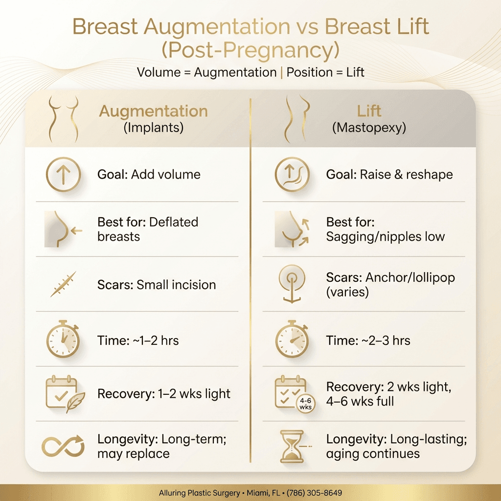 Premium comparison infographic: âAugmentation vs Liftâ with icons for goal, best for, scars, time, recovery, longevityâmirroring the table in a visually scannable format