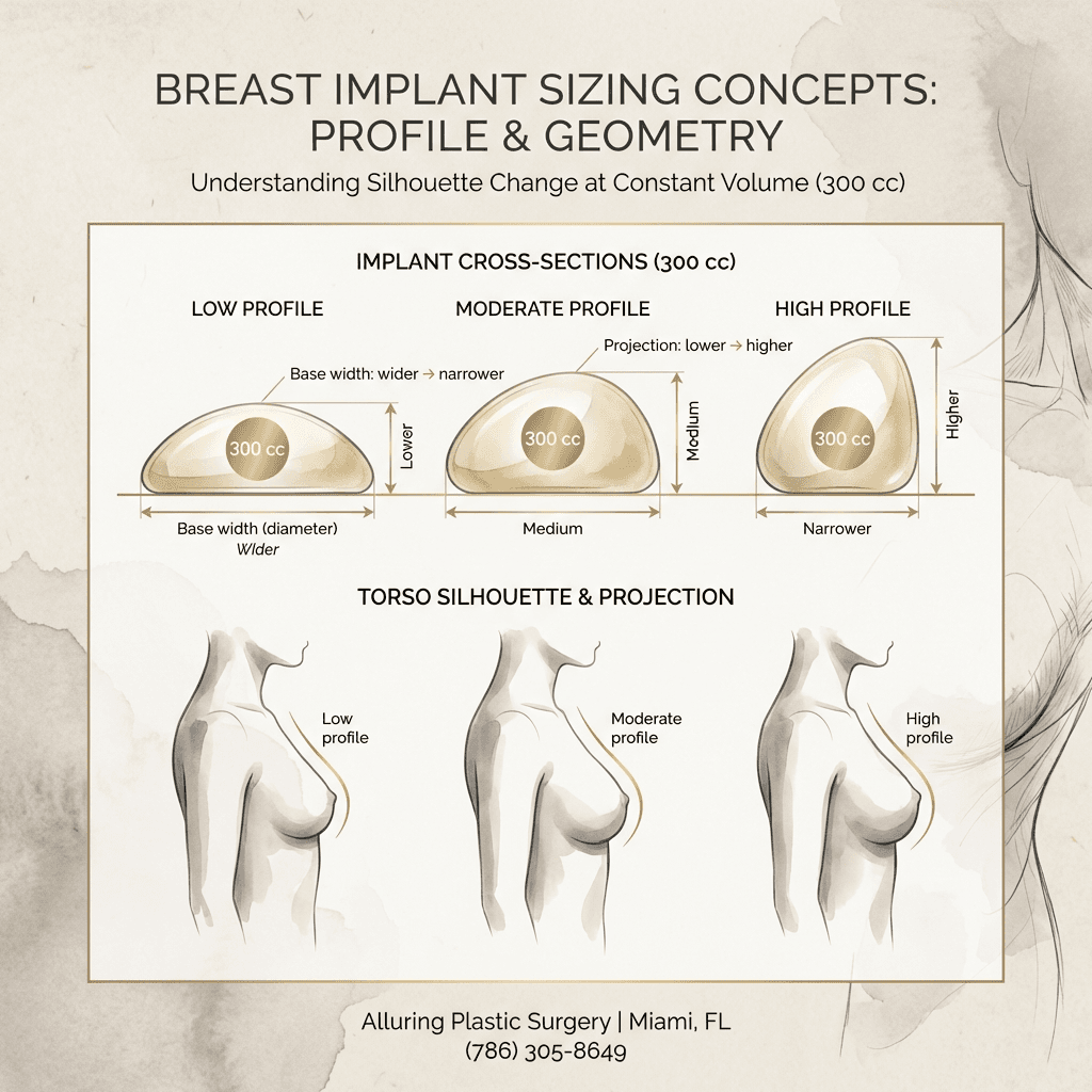 Anatomy-style diagram of implant dimensions: base width (diameter), projection, and how low/moderate/high profile changes silhouette at the same cc (neutral beige/stone palette with gold callouts).