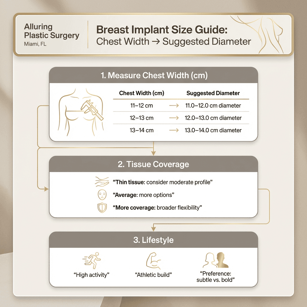 “Sizing factors” checklist/flow: chest width range → suggested diameter range; tissue coverage notes; lifestyle/activity considerations; with a subtle Miami-luxury aesthetic (stone tones + gold icons).
