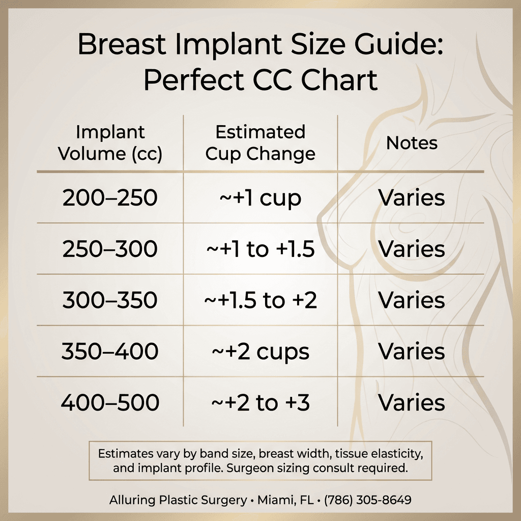 Premium CC-to-estimated-cup-increase chart (e.g., 200–250, 250–300, 300–350, 350–400, 400–500) with footnotes about variability by band size/tissue; clean typography and gold accent lines.