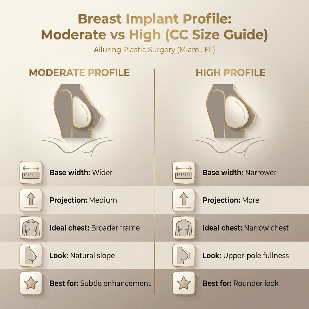 Two-column comparison (Moderate vs High): base width, projection, ideal chest types, typical aesthetic outcome (natural slope vs upper-pole fullness), and “best for” notes; include simple silhouette icons in stone tones.