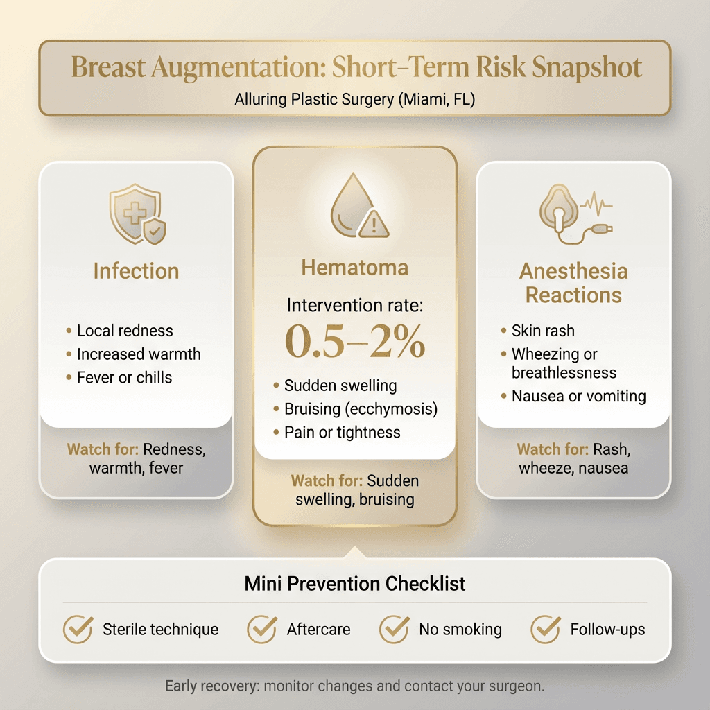 “Short-Term Risk Snapshot” chart: Infection vs Hematoma (0.5–2%) vs Anesthesia reactions; include icons + mini prevention checklist (sterile technique, aftercare, follow-ups).