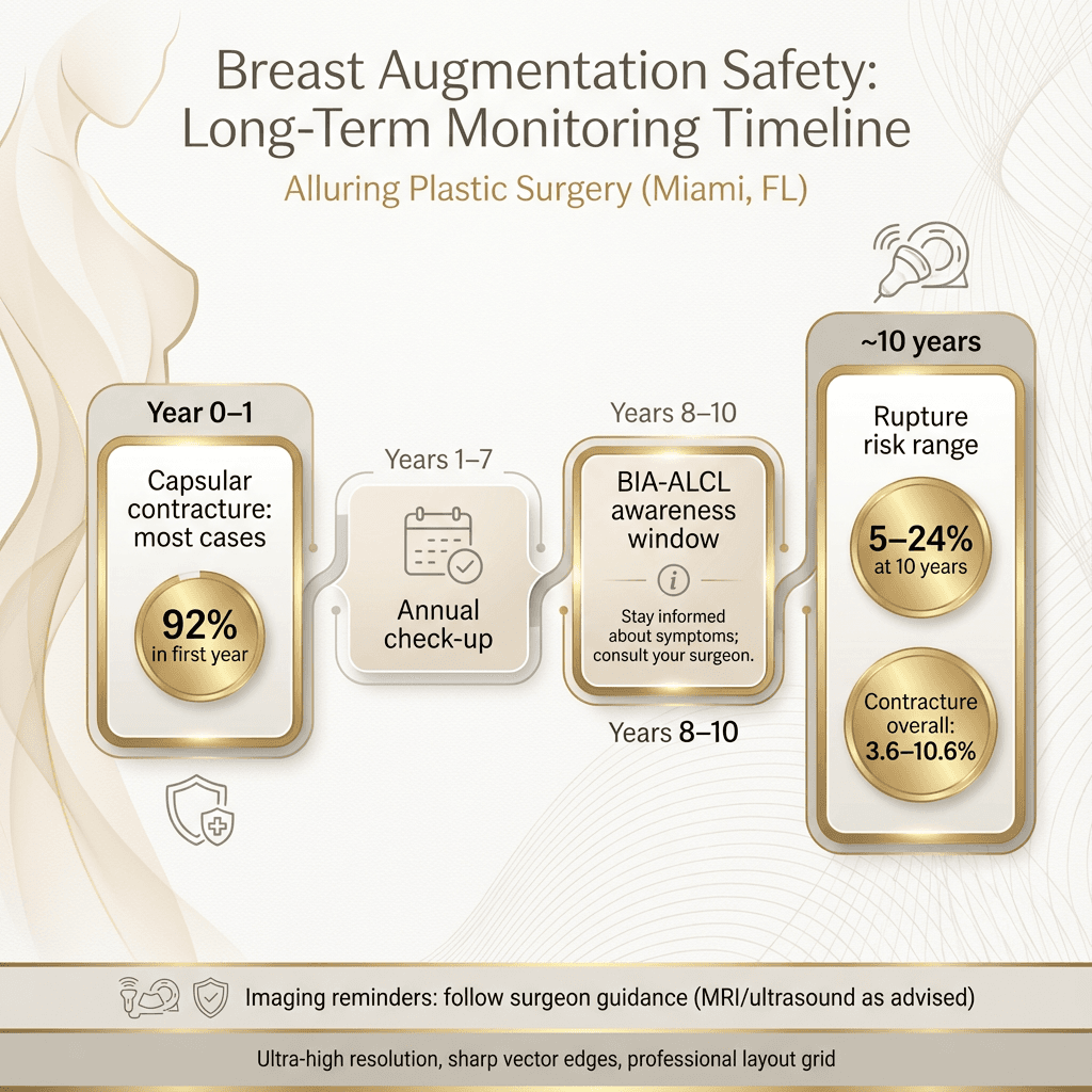 “Long-Term Monitoring Timeline” visual: Year 0–1 (most contracture cases), Years 8–10 (BIA-ALCL risk window introduced later), 10-year rupture range; include reminders for imaging and annual check-ups.
