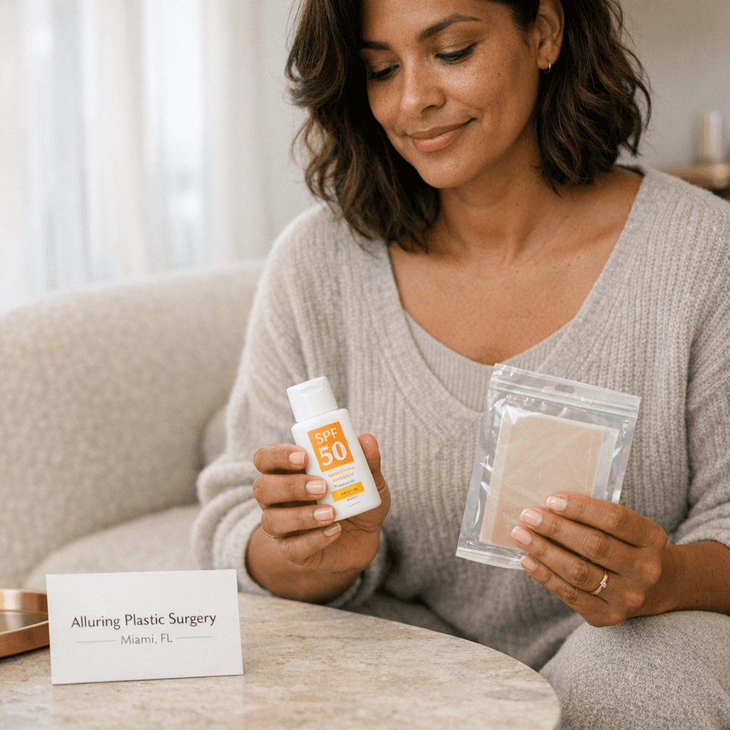 Lifestyle photo: elegant recovery-at-home scene with a woman in soft neutral loungewear applying silicone scar sheet or holding SPF; warm stone-toned setting, subtle gold accents, bright Miami daylight through curtains.