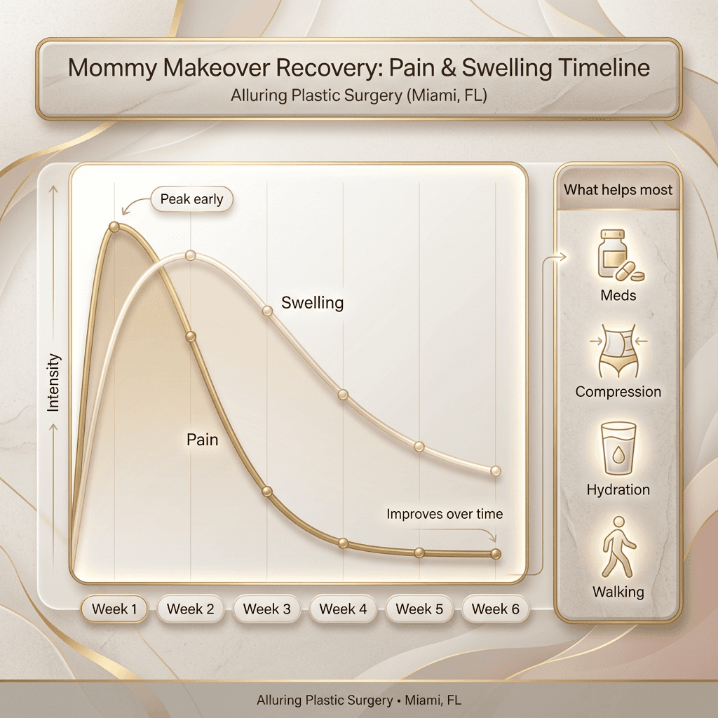 ASPS-based snapshot + overview graphic: âMommy Makeover Recovery: pain & swelling peak early, then improveâ with a simple 1â6 week curve (pain vs. swelling) and a short âwhat helps mostâ callout (meds, compression, hydration, walking).