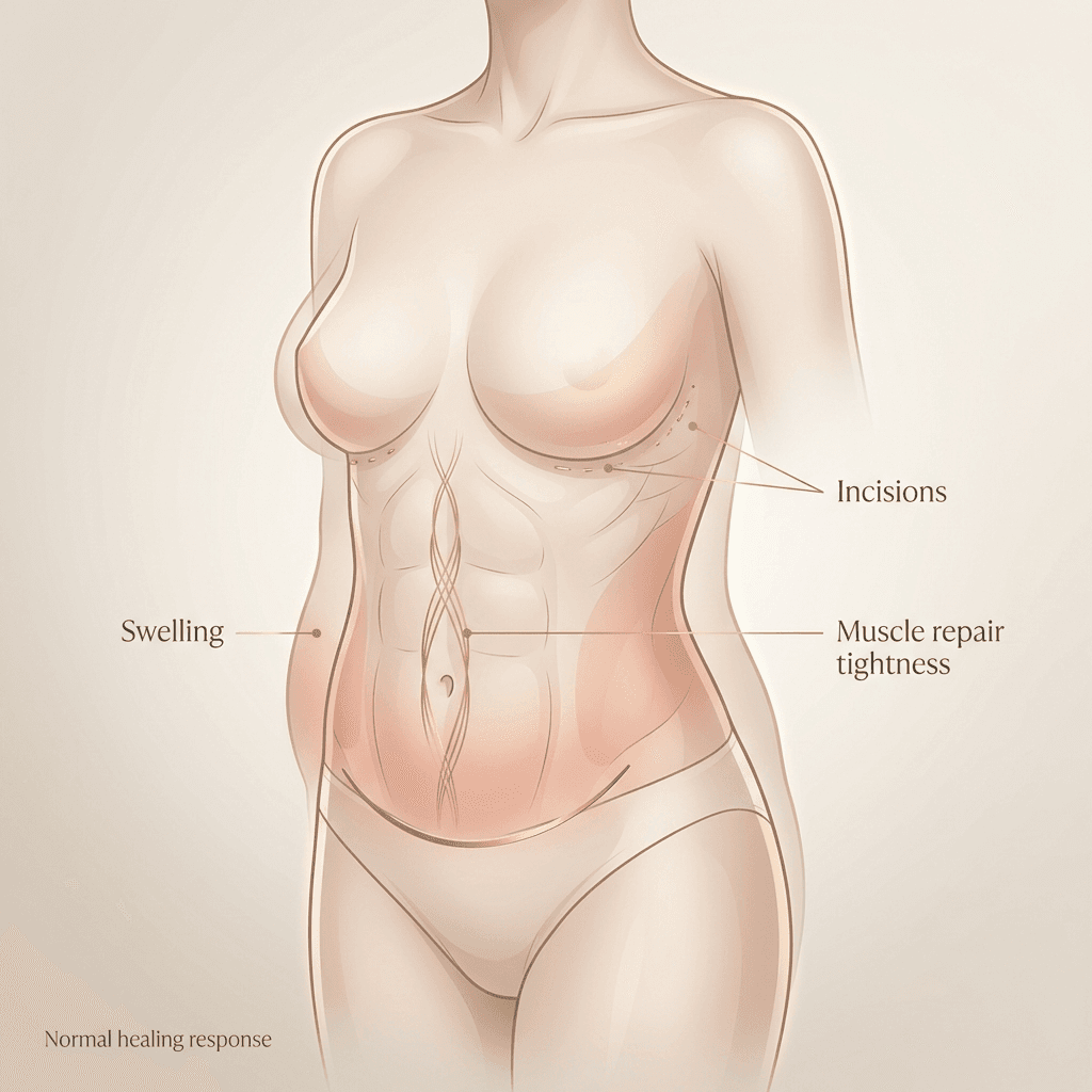 Elegant, neutral-toned anatomical illustration highlighting abdomen/flanks/breast areas commonly affected in a mommy makeover, with subtle labels for âswelling,â âincisions,â and âmuscle repair tightness.â