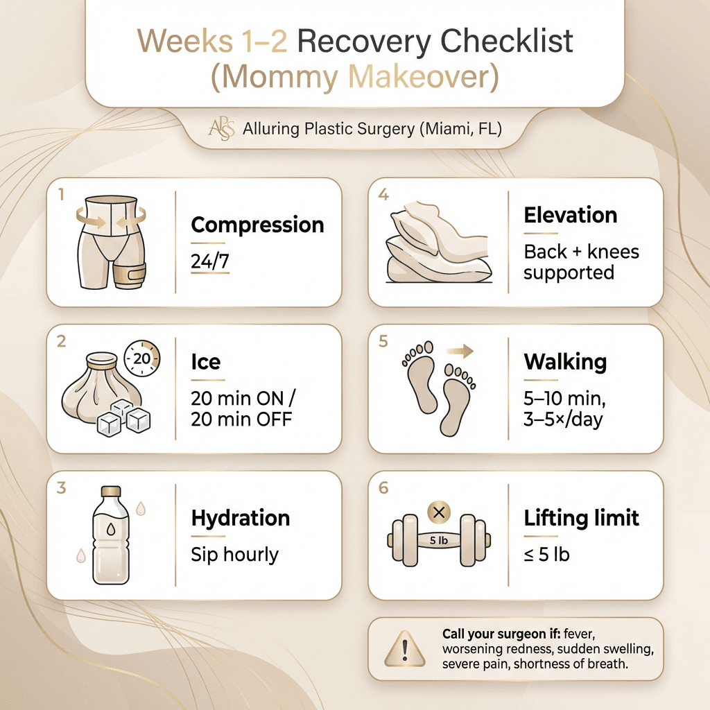 âWeeks 1â2 Recovery Checklistâ infographic: compression 24/7, ice schedule (20 on/20 off), hydration reminders, elevation positions, walking frequency, lifting limit (5 lbs), and âcall your surgeon ifâŚâ mini alert box.